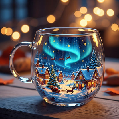 Caneca festiva de vidro para o Natal com decoração detalhada de aldeia de inverno