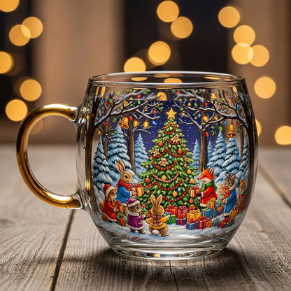 Caneca festiva de vidro para o Natal com decoração detalhada de aldeia de inverno