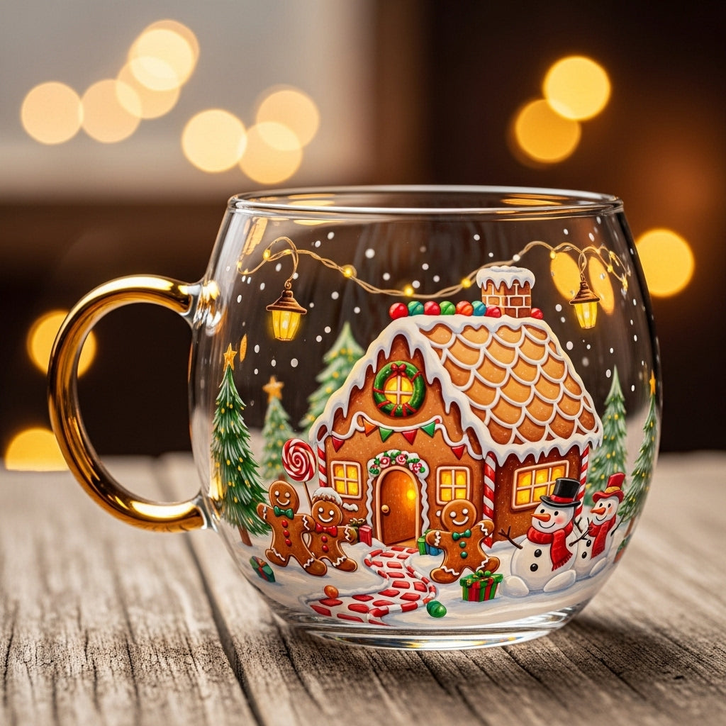 Caneca festiva de vidro para o Natal com decoração detalhada de aldeia de inverno