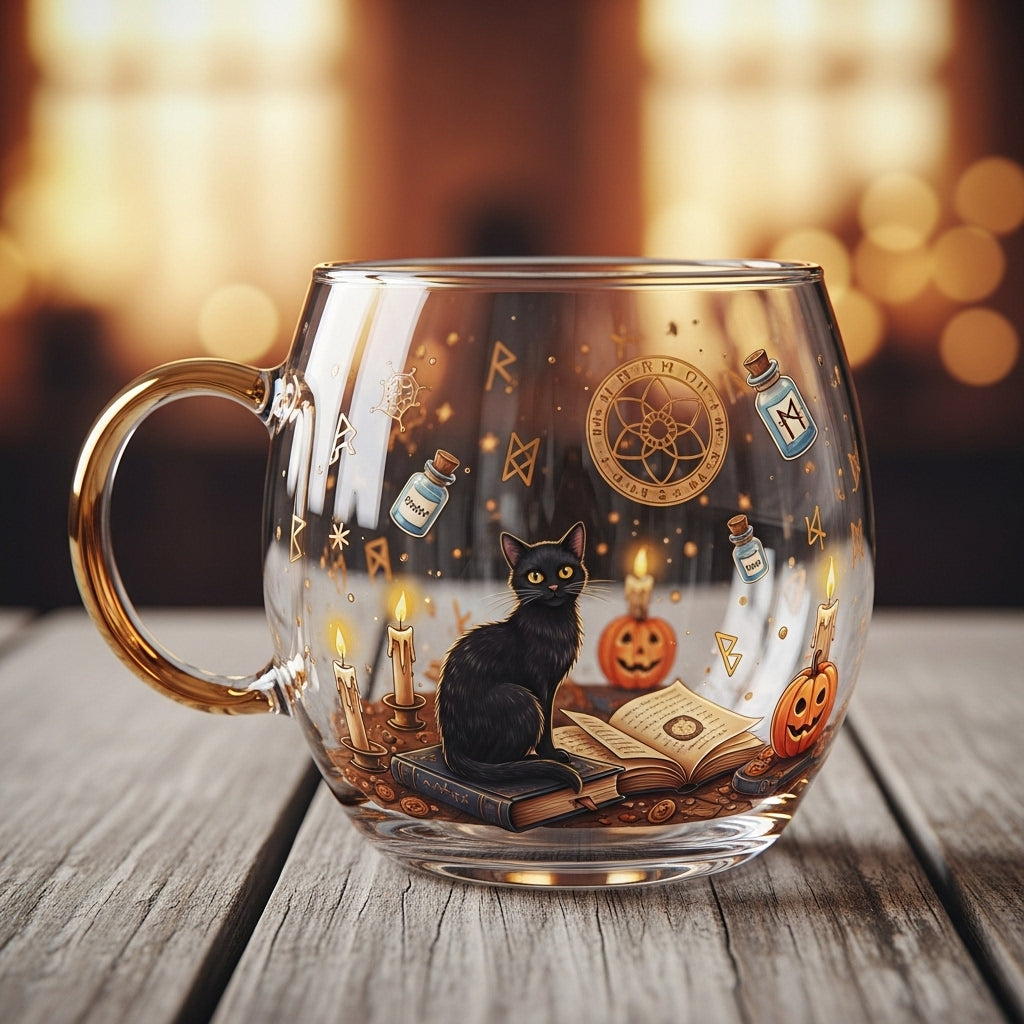 Caneca festiva de vidro para o Natal com decoração detalhada de aldeia de inverno