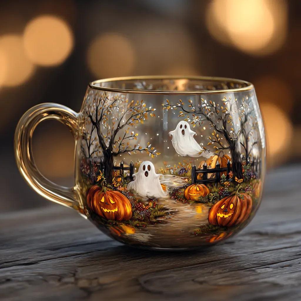 Caneca festiva de vidro para o Natal com decoração detalhada de aldeia de inverno
