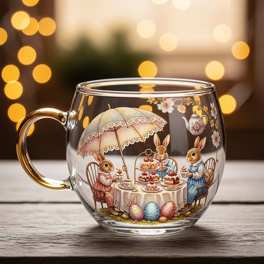 Caneca festiva de vidro para o Natal com decoração detalhada de aldeia de inverno