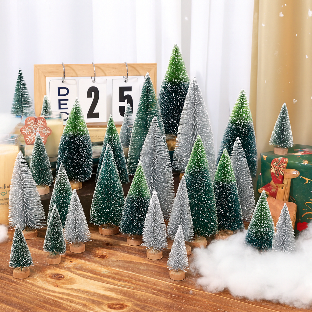 Mini božićna drvca, set od 30 komada sa snježnim efektom i drvenim postoljem
