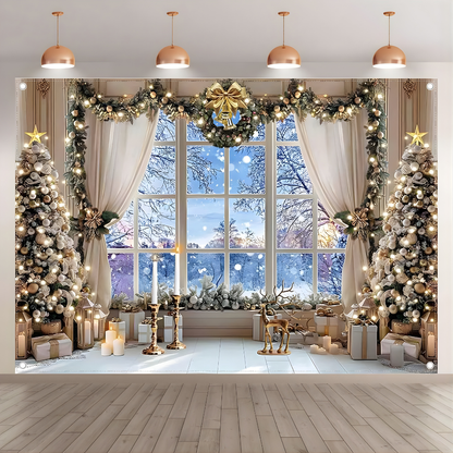 Fundo fotográfico de Natal com janela de inverno e árvores de Natal