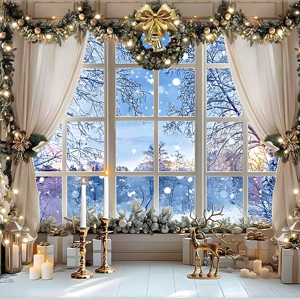 Fundo fotográfico de Natal com janela de inverno e árvores de Natal