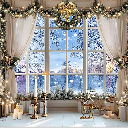 Fundo fotográfico de Natal com janela de inverno e árvores de Natal