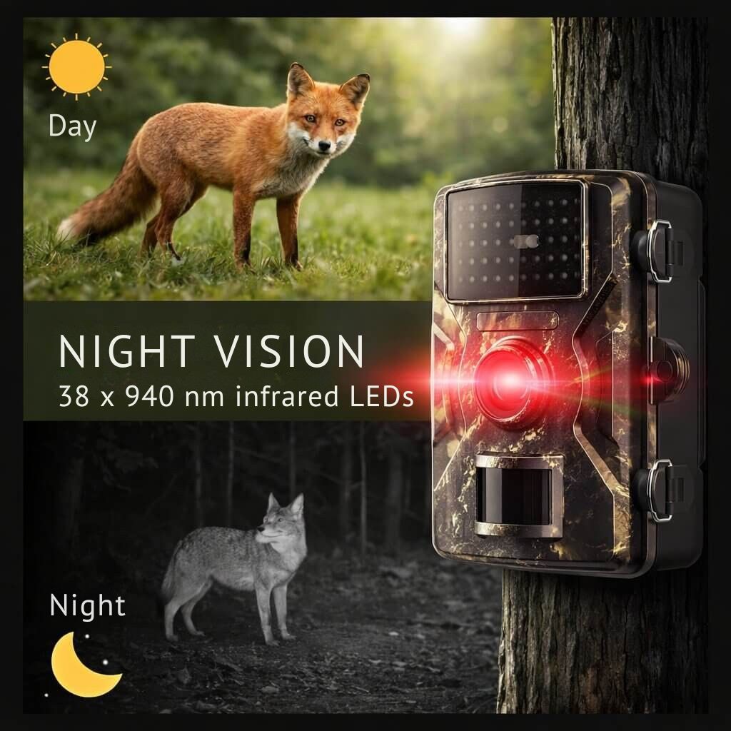 Cámara de fototrampeo con sensor de movimiento y visión nocturna infrarroja