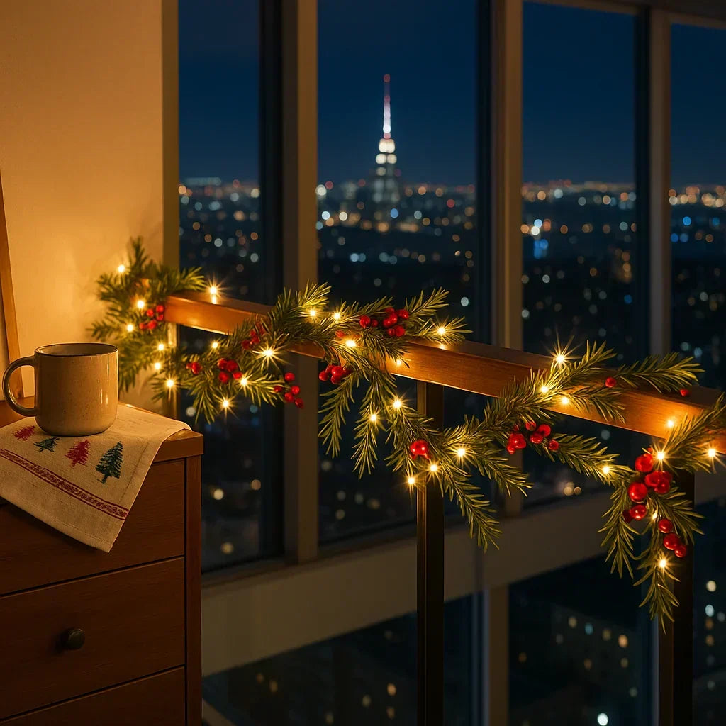 Guirlanda de Natal iluminada com bagas e ramos de abeto