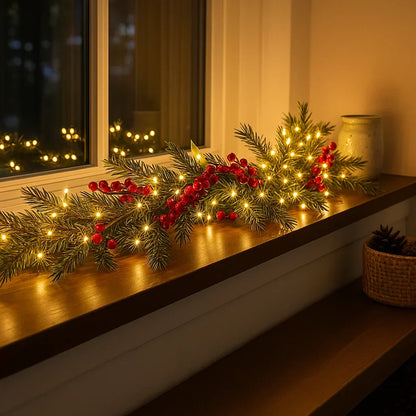 Guirlanda de Natal iluminada com bagas e ramos de abeto