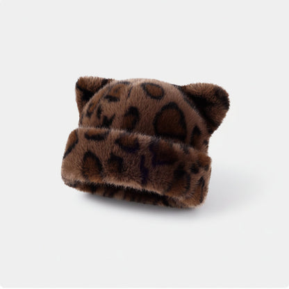 Gorro de inverno de peluche para senhora, com padrão de leopardo e orelhas