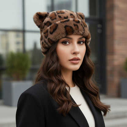 Gorro de inverno de peluche para senhora, com padrão de leopardo e orelhas