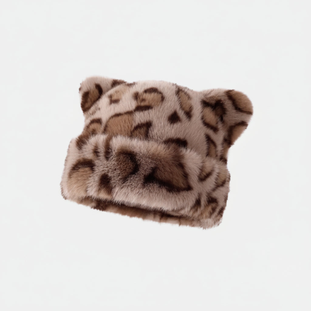 Gorro de inverno de peluche para senhora, com padrão de leopardo e orelhas