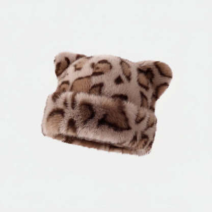 Gorro de inverno de peluche para senhora, com padrão de leopardo e orelhas