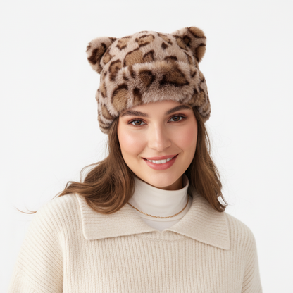 Gorro de inverno de peluche para senhora, com padrão de leopardo e orelhas