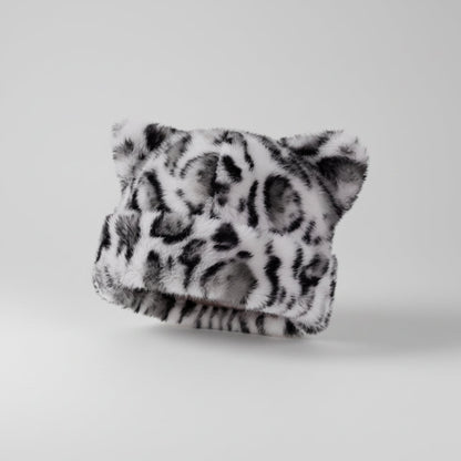 Gorro de inverno de peluche para senhora, com padrão de leopardo e orelhas