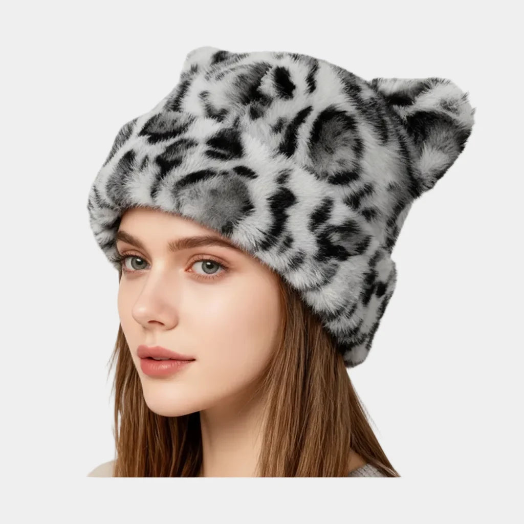 Gorro de inverno de peluche para senhora, com padrão de leopardo e orelhas