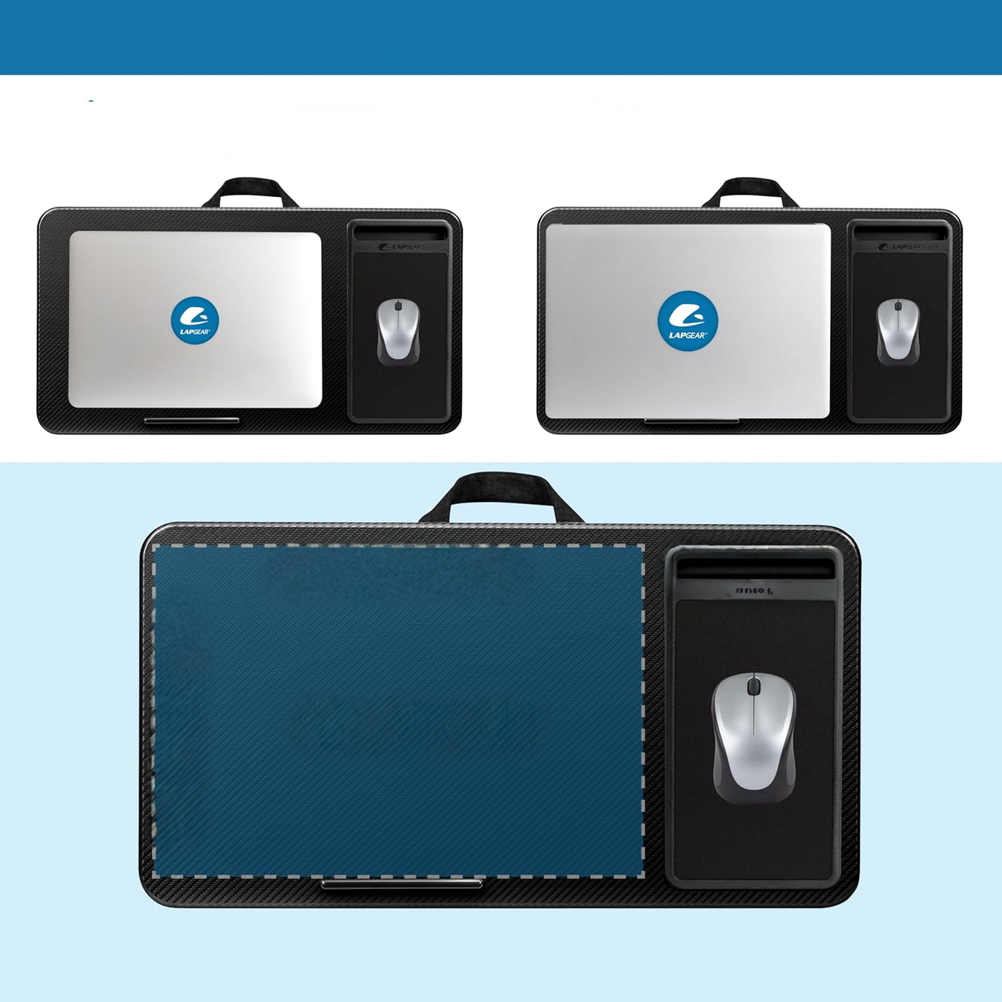 Secretária portátil para computador portátil com suporte para dispositivos e pega de transporte