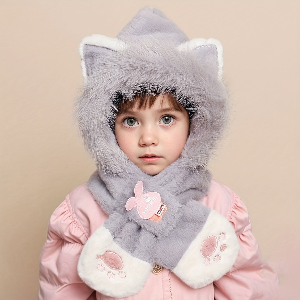 Gorro de peluche para crianças com capuz e design de gato