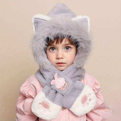 Gorro de peluche para crianças com capuz e design de gato