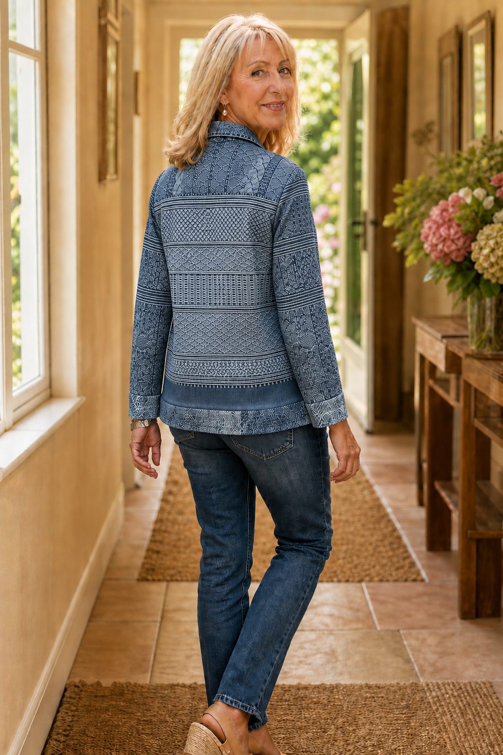 Damen Langarmshirt mit Jeansdetails und Knopfleiste