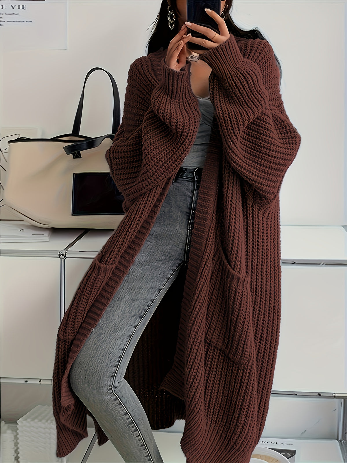 Damen Longline Strickcardigan mit Taschen