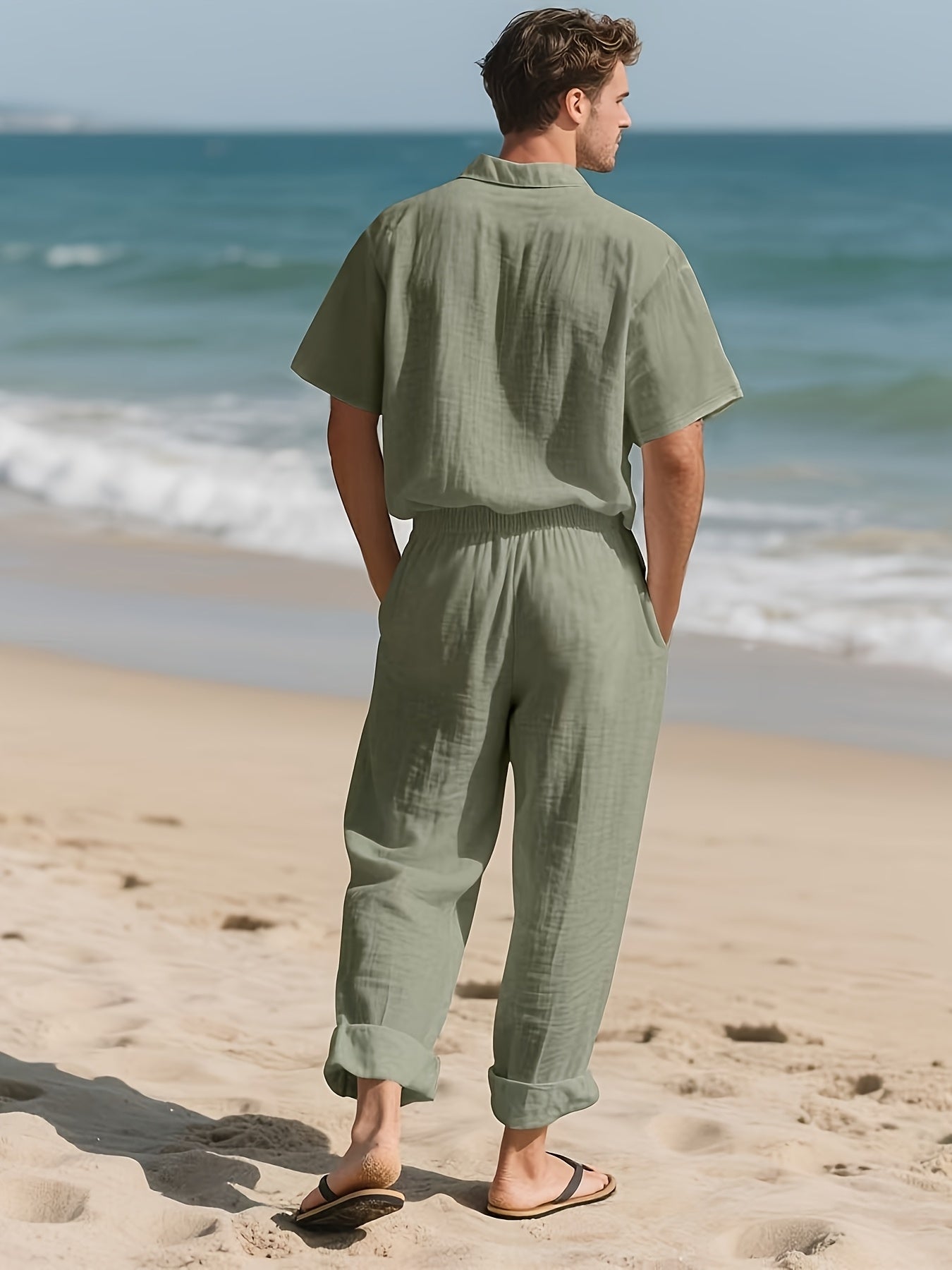 Conjunto casual para homem em linho – Confortável e arejado, com calças compridas e mangas curtas.