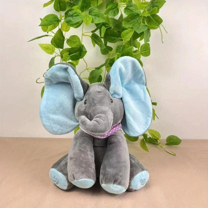Elefante de peluche interativo com jogo do cuco e música