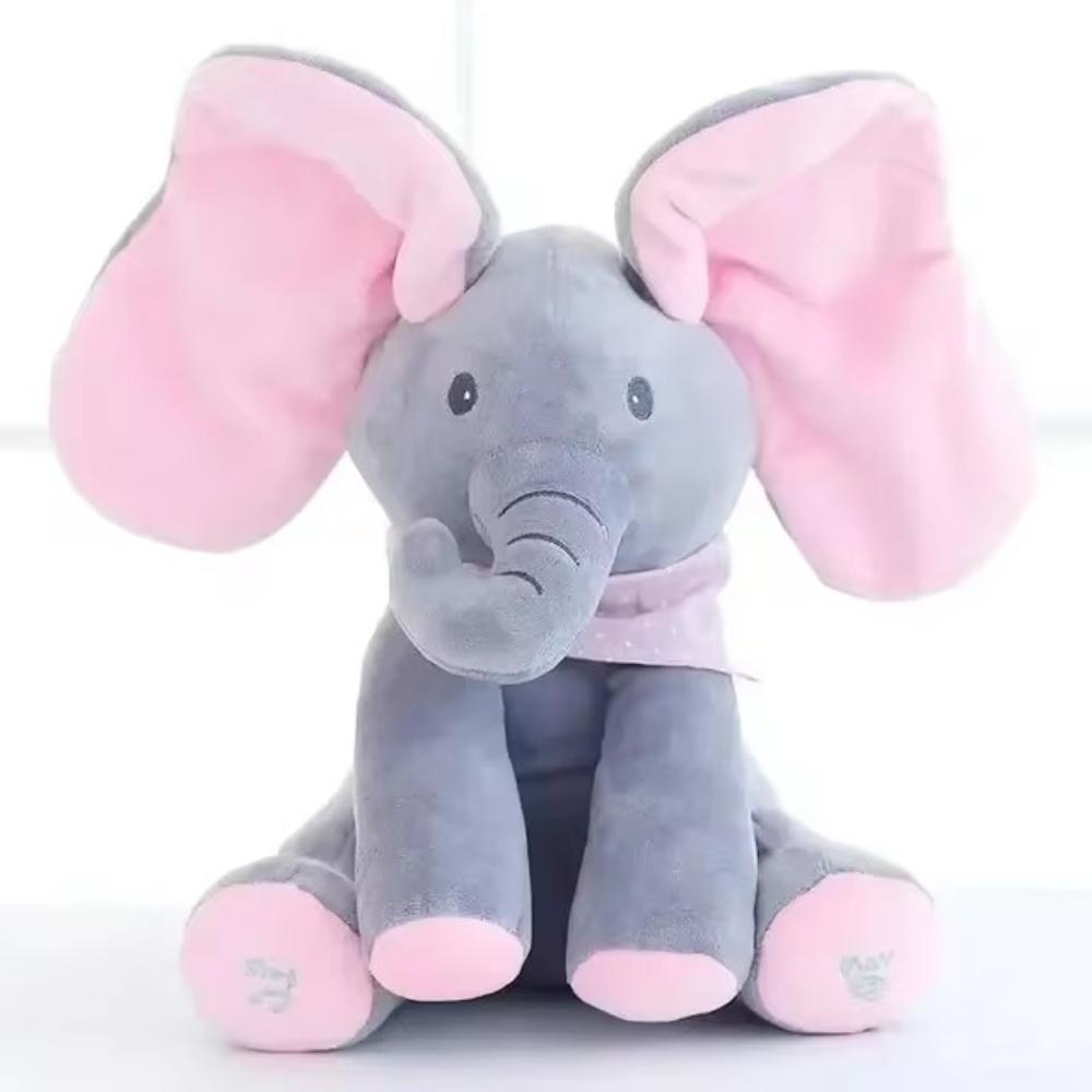 Elefante de peluche interativo com jogo do cuco e música