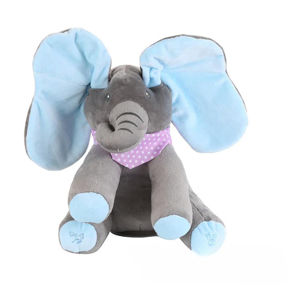 Elefante de peluche interativo com jogo do cuco e música