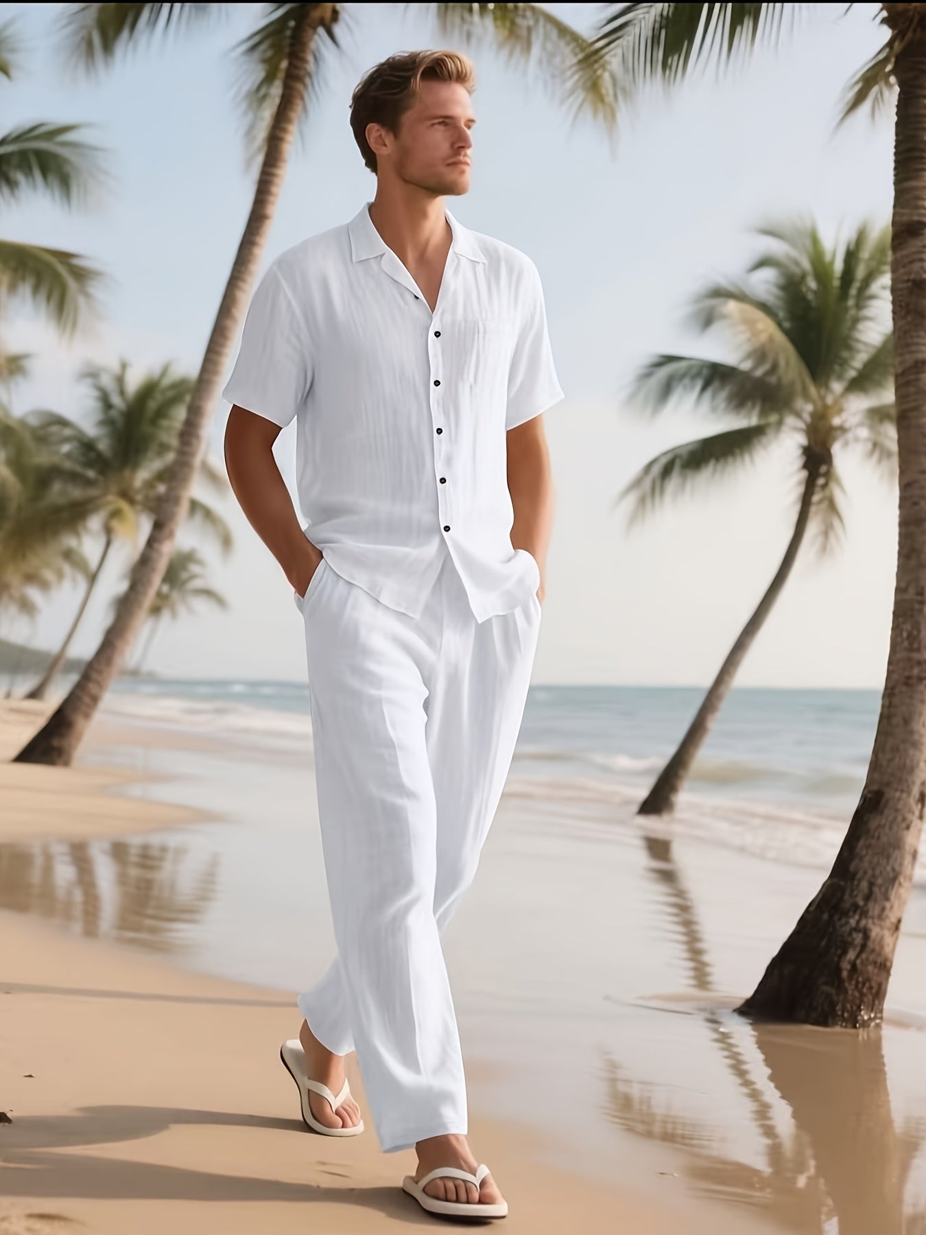 Conjunto casual para homem em linho – Confortável e arejado, com calças compridas e mangas curtas.