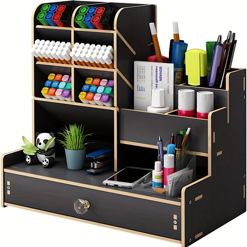 Amplio estante de escritorio de bambú con cajón: organice su espacio de trabajo de manera eficiente y con estilo.