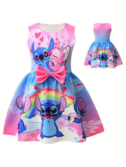 Disney Stitch djevojačka haljina bez rukava s okruglim izrezom, mašnom i cvjetnim uzorkom – lagani poliester-spandeks