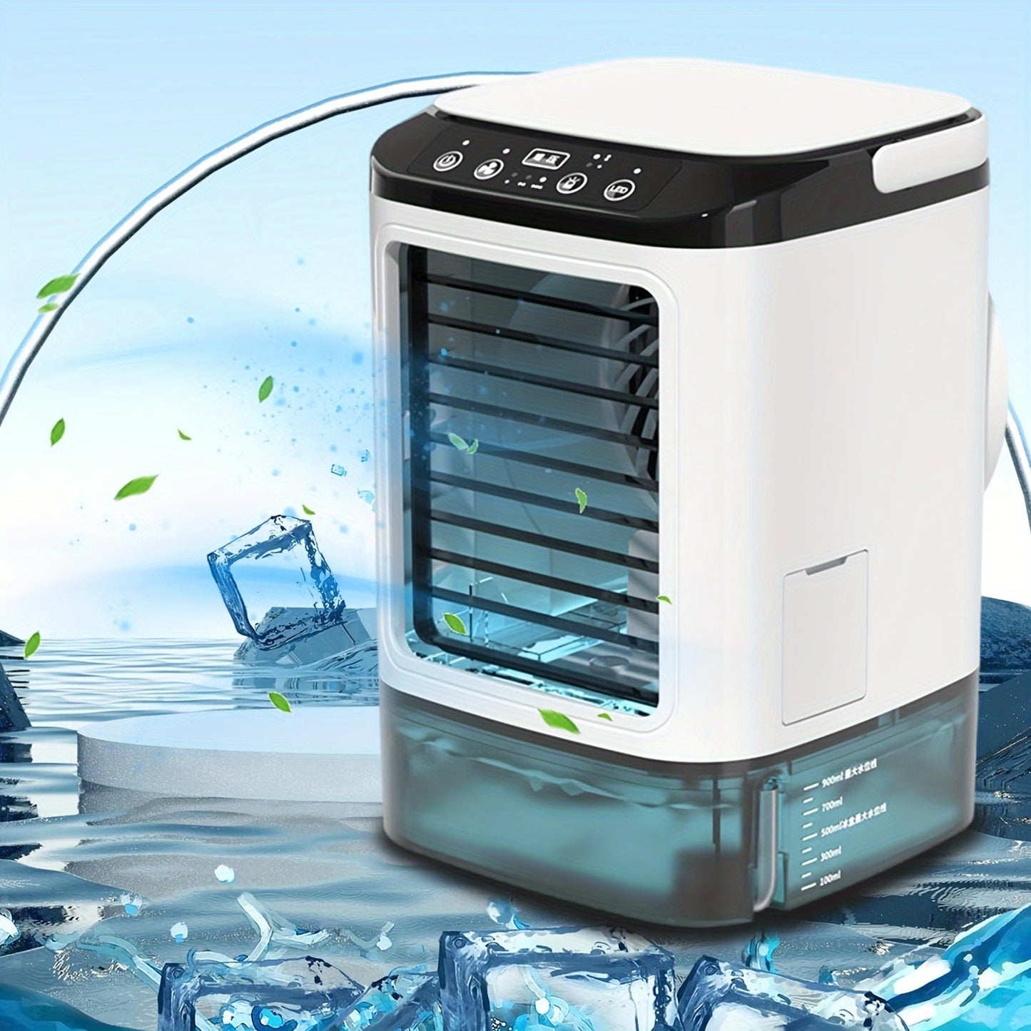 Mini aire acondicionado portátil refrigerado por agua, alimentado por USB y con tanque grande.