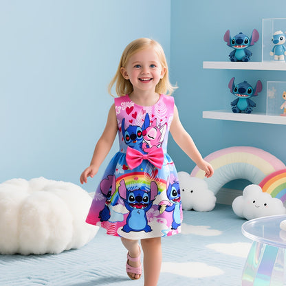 Disney Stitch djevojačka haljina bez rukava s okruglim izrezom, mašnom i cvjetnim uzorkom – lagani poliester-spandeks