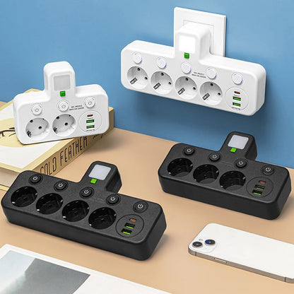 Regleta de pared con 4 tomas, puertos USB y luz nocturna