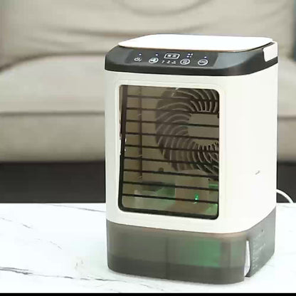 Mini aire acondicionado portátil refrigerado por agua, alimentado por USB y con tanque grande.
