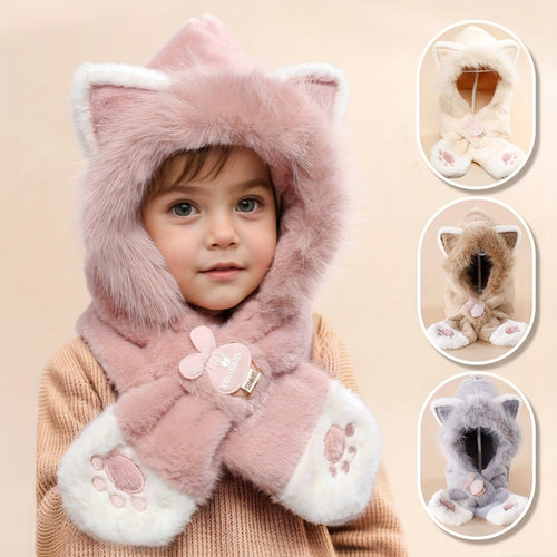 Gorro de peluche para crianças com capuz e design de gato