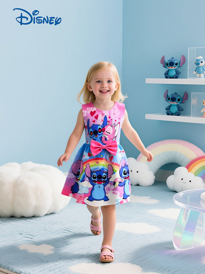 Disney Stitch djevojačka haljina bez rukava s okruglim izrezom, mašnom i cvjetnim uzorkom – lagani poliester-spandeks