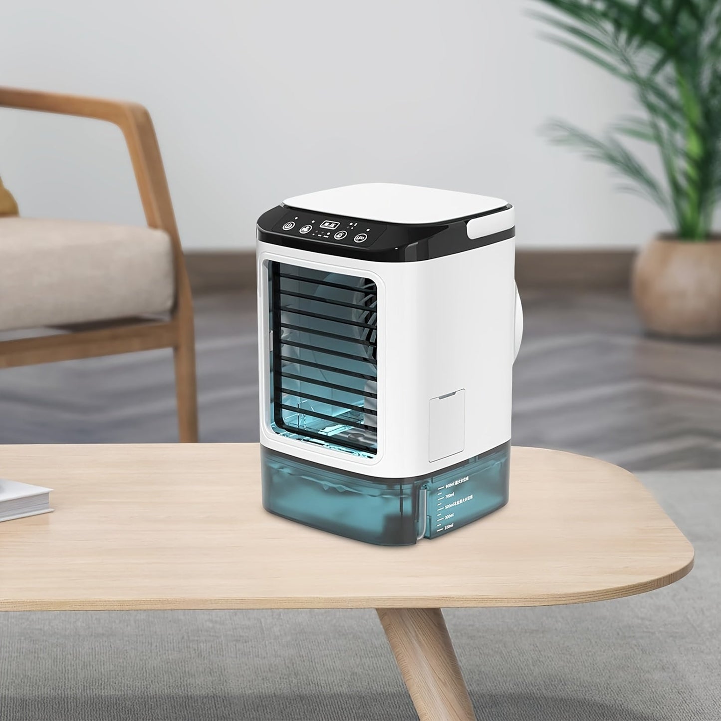 Mini aire acondicionado portátil refrigerado por agua, alimentado por USB y con tanque grande.