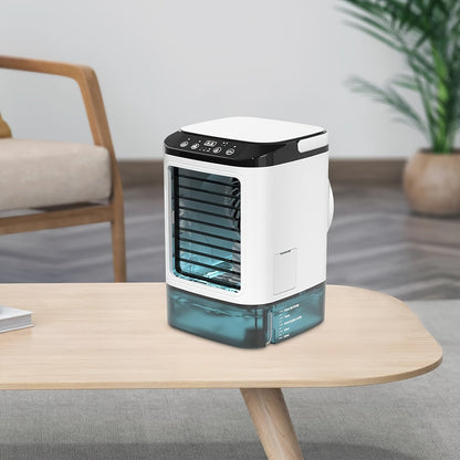 Mini aire acondicionado portátil refrigerado por agua, alimentado por USB y con tanque grande.
