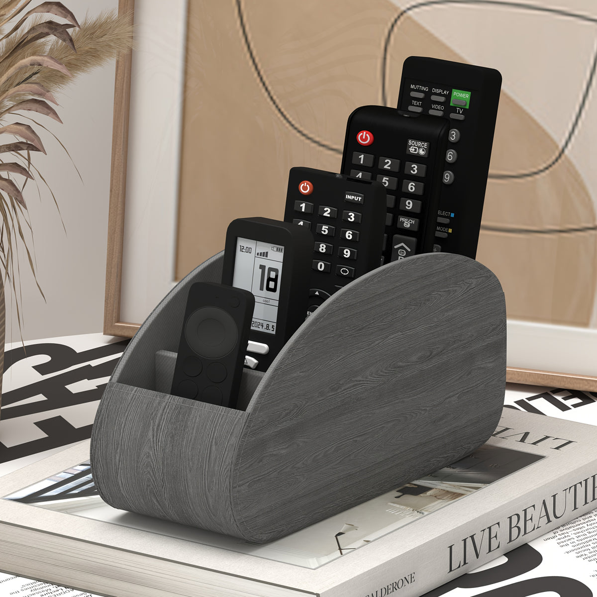 Soporte para mandos a distancia con 5 compartimentos