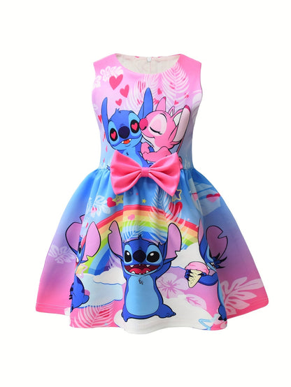 Disney Stitch djevojačka haljina bez rukava s okruglim izrezom, mašnom i cvjetnim uzorkom – lagani poliester-spandeks