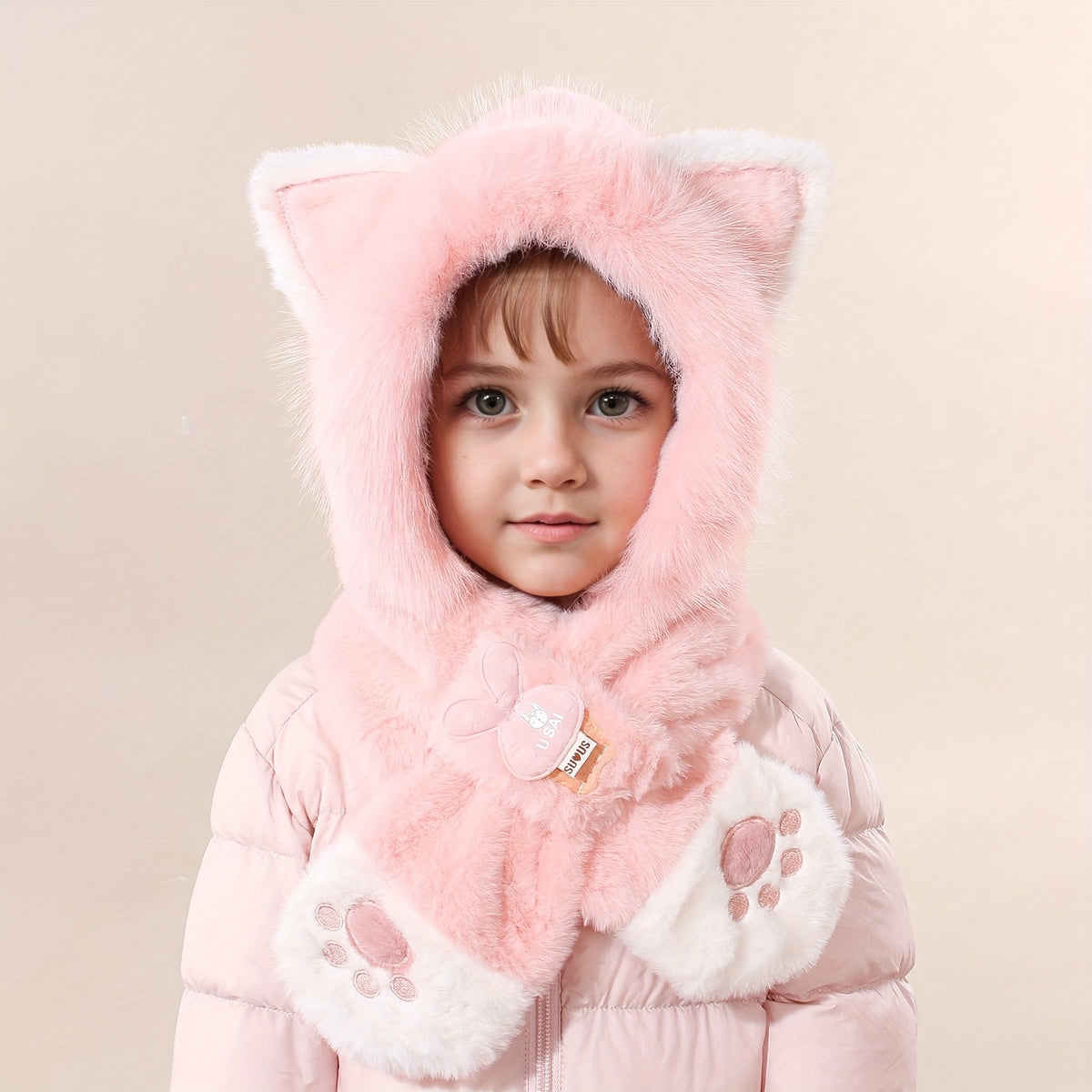 Gorro de peluche para crianças com capuz e design de gato