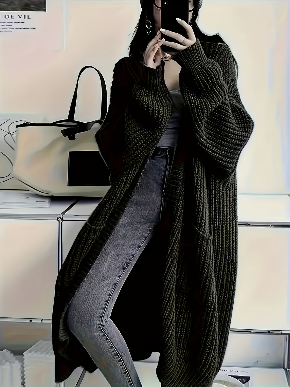Damen Longline Strickcardigan mit Taschen