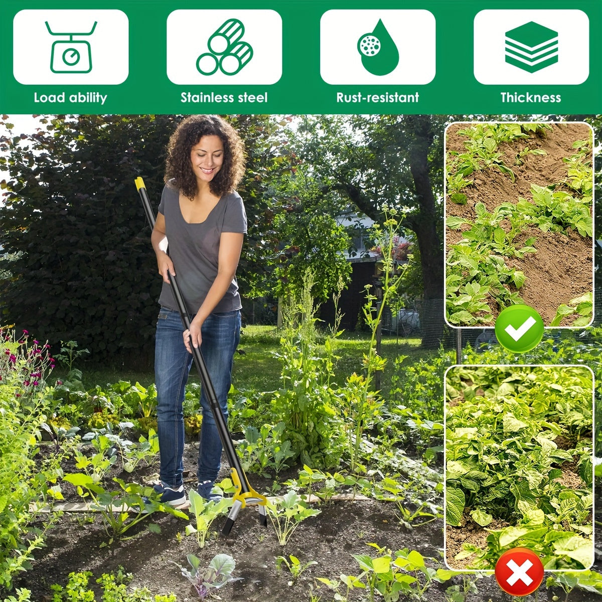 Herramienta de jardín ergonómica de acero inoxidable con cabezal triangular: para desherbar y cultivar la tierra.