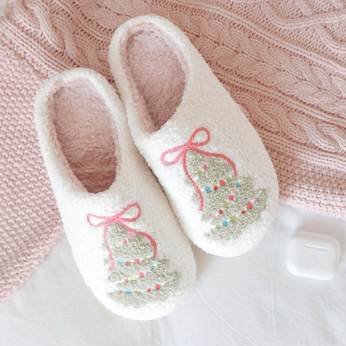 Zapatillas de peluche navideñas para mujer con motivo de árbol de Navidad