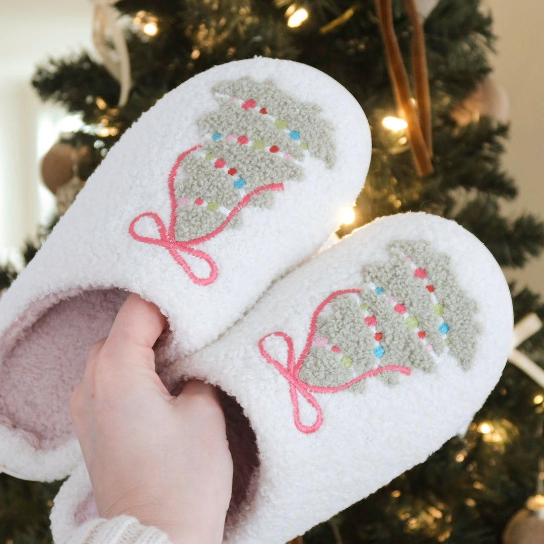 Zapatillas de peluche navideñas para mujer con motivo de árbol de Navidad