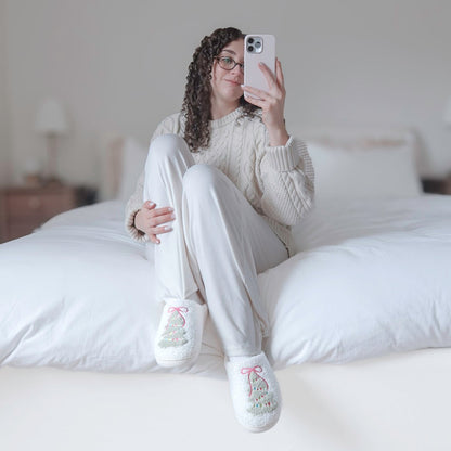 Zapatillas de peluche navideñas para mujer con motivo de árbol de Navidad