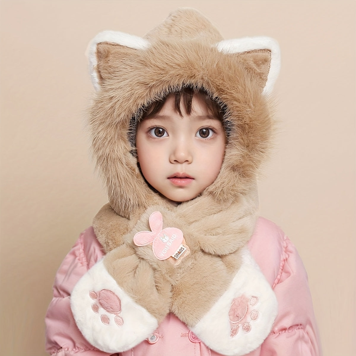 Gorro de peluche para crianças com capuz e design de gato