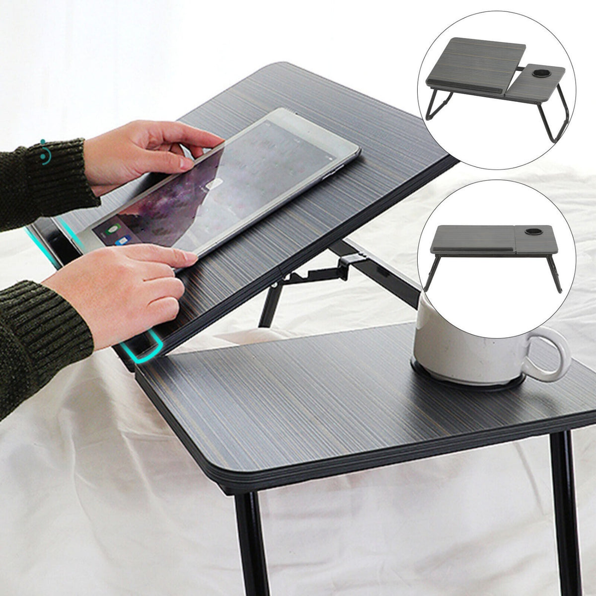 Mesa de cama dobrável para portátil com suporte para bebidas